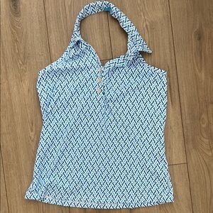 J.McLaughlin Blue and White Patterned Collared Halter Top size Large